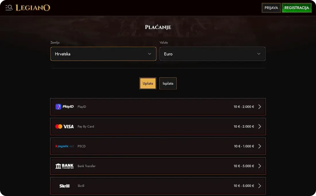 legiano casino payment